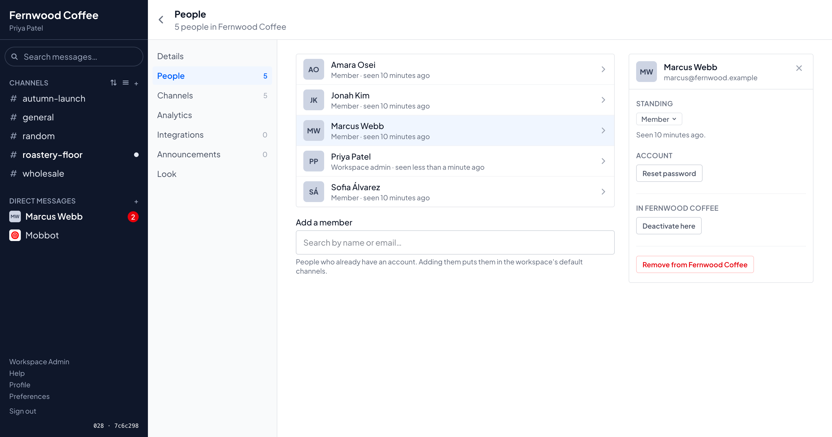 The workspace admin People screen: a roster of five members with roles and last-seen times, and an inspector panel for one member with standing, account actions and a password reset button.