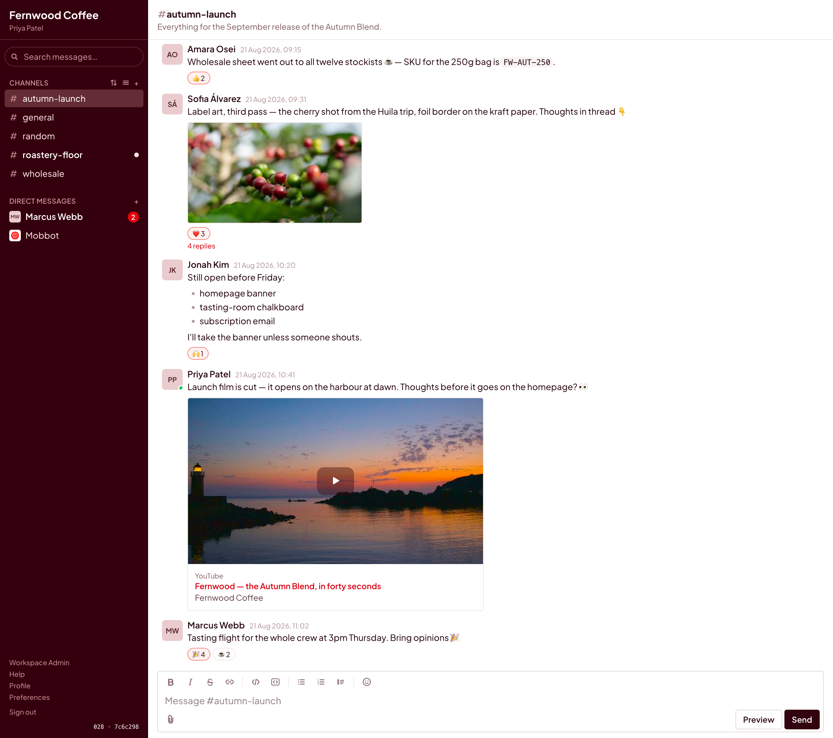 The same channel in the Crimson theme, with a deep red sidebar and red accents.