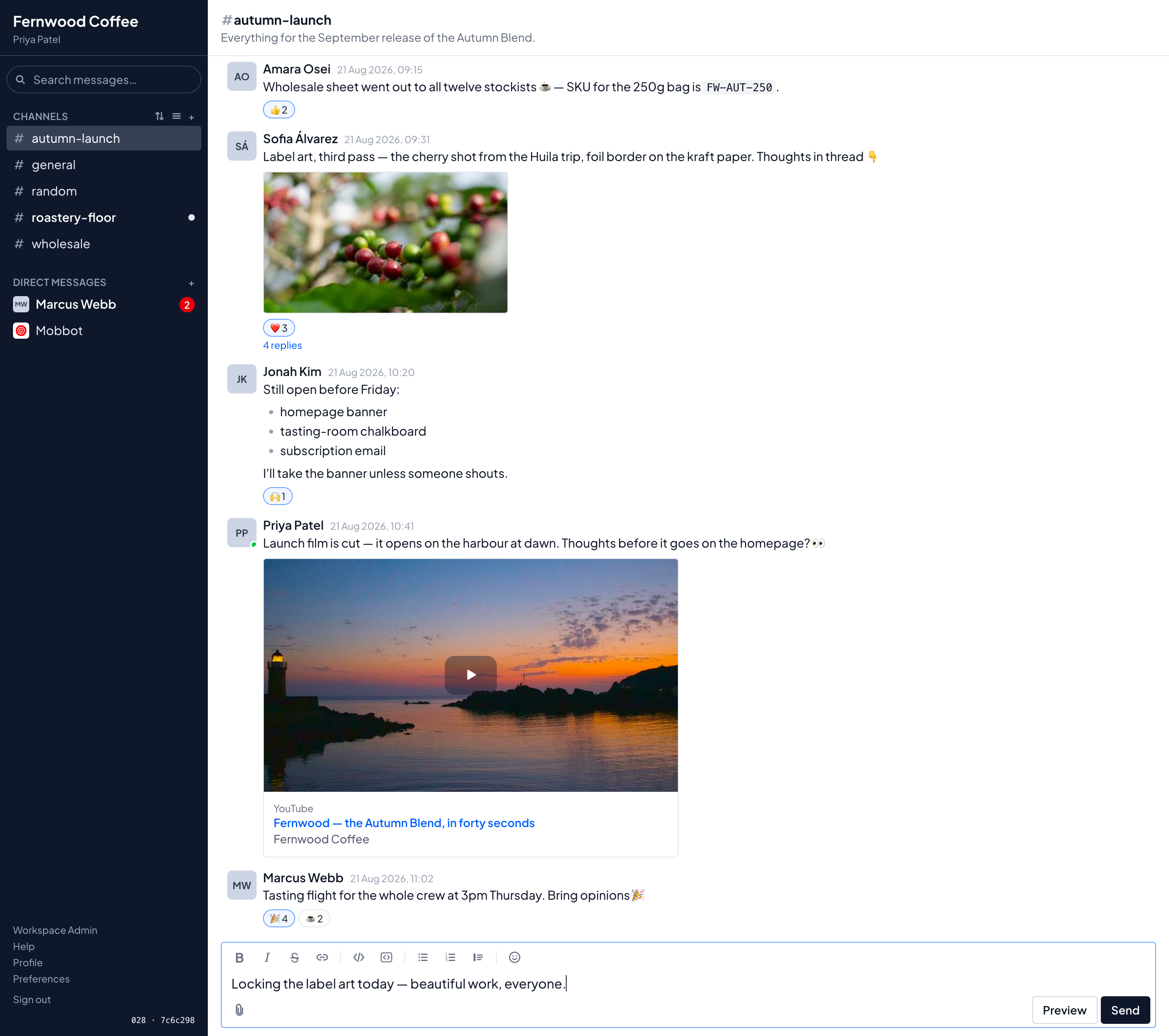 A Mob channel called autumn-launch: messages with reactions, an image attachment, a YouTube card drawn as a still with a play button, a thread with four replies, and a draft in the message box. The list on the left shows channels, one marked unread, and a direct message with a count of two.