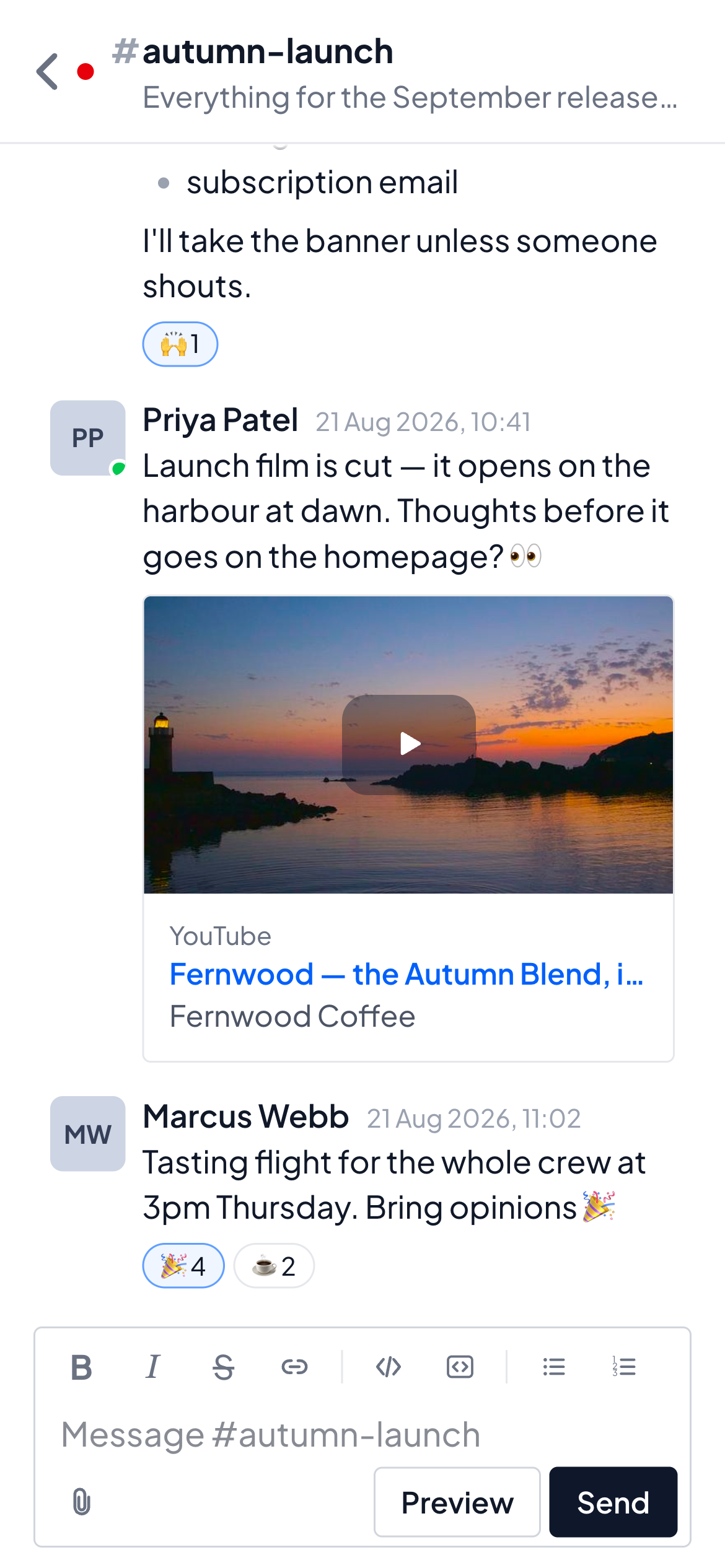Mob on a phone: one channel filling the screen, with messages, a link card, reactions and the message box.