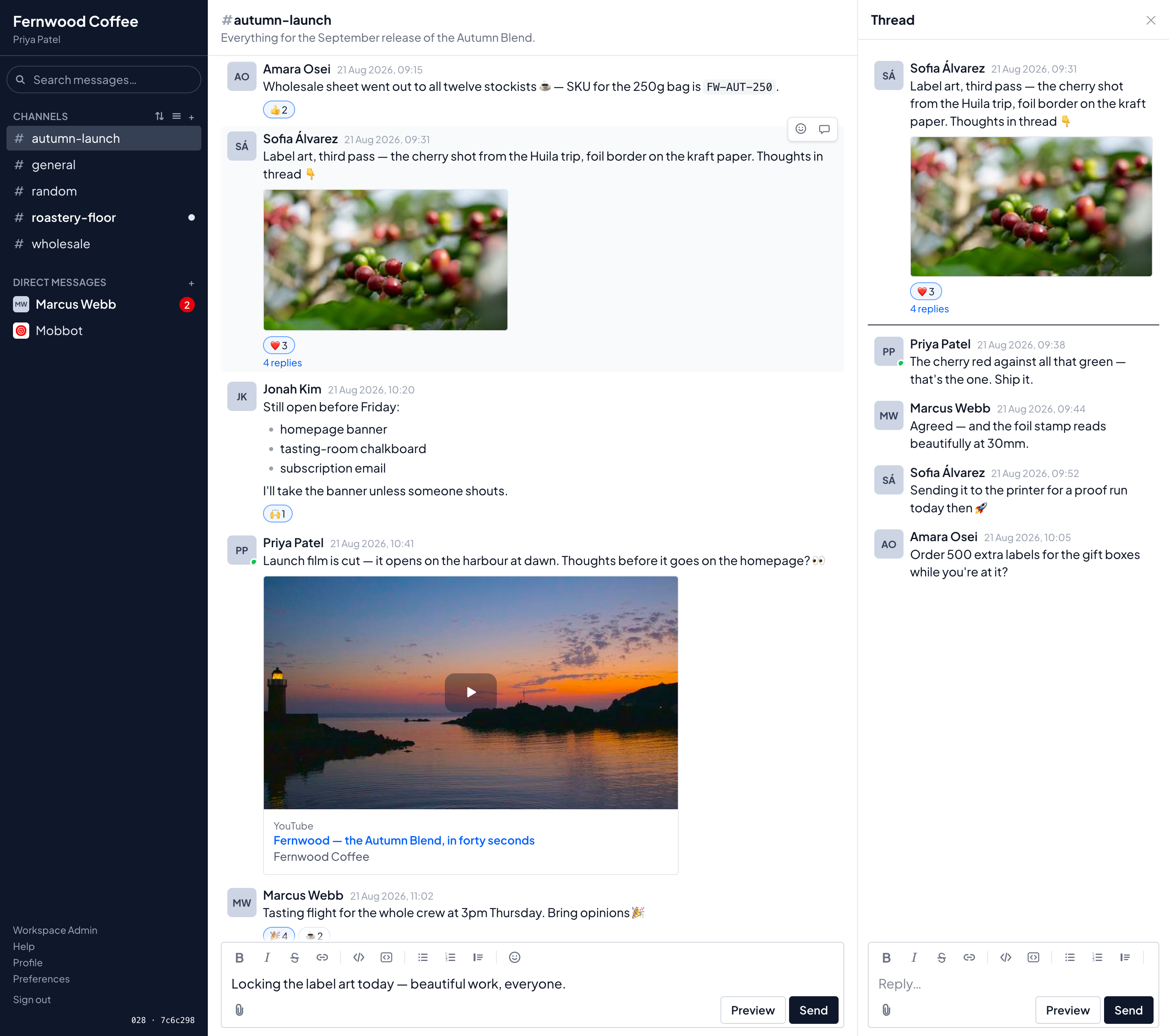 A reply panel open beside the channel: the original message with its photo, four replies from different people, and a separate box for writing another.